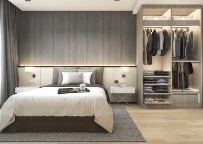 3d rendering luxury modern bedroom suite in hotel with wardrobe and walk in closet