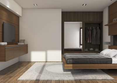 3d rendering nice contemporary wood bedroom with tv and closet