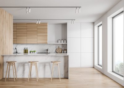 Loft kitchen interior with marble bar