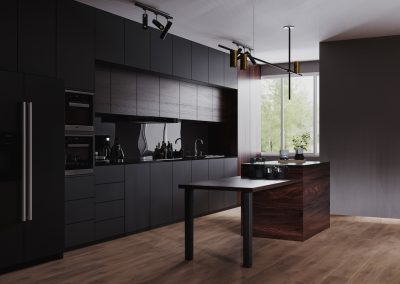 Modern dark kitchen and dinning room interior with furniture and kitchenware, grey, black and dark wood kitchen interior background, luxury kitchen, 3d rendering