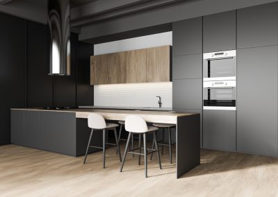 Gray and wooden kitchen corner with bar