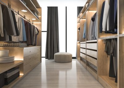 3d rendering modern scandinavian white wood walk in closet with wardrobe near window