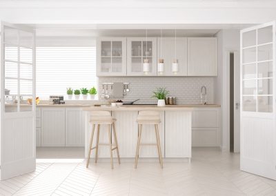 Scandinavian classic kitchen with wooden and white details, minimalistic interior design