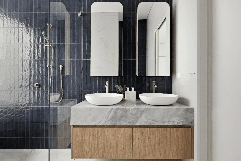 Finished bathroom with new tiles, vanity and tapware in Currumbin
