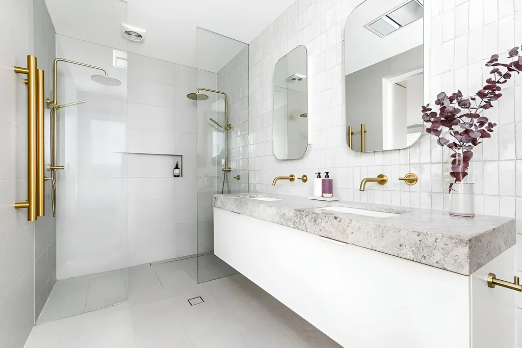 Completed bathroom renovation with new vanity and tiling in Burleigh Heads
